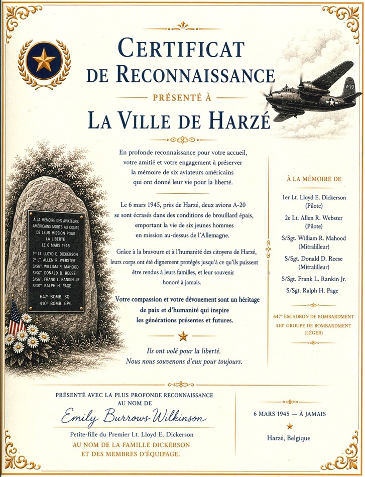 Certificat de reconnaissance Famille DICKERSON  Décès Aviateurs américains 1945