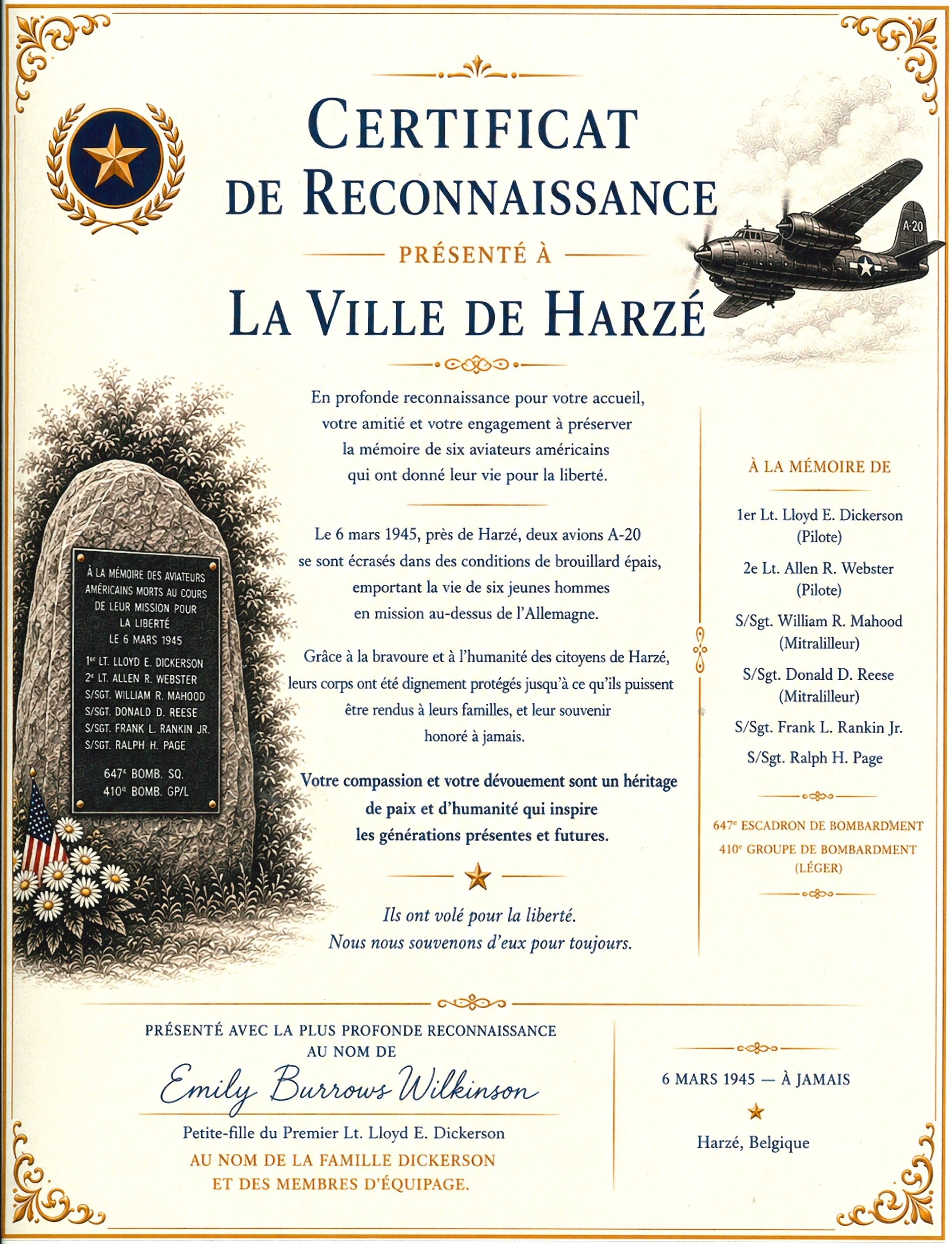Certificat de reconnaissance Famille DICKERSON  Décès Aviateurs américains 1945