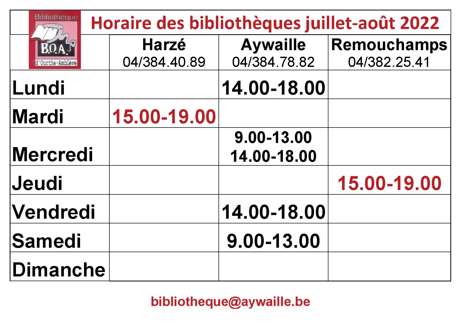 Horaire été pour site internet
